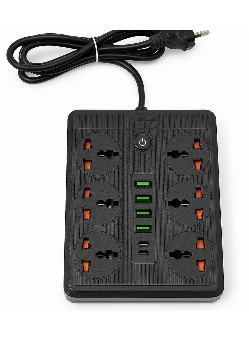 Generic - 6-Socket Power Extension Board with 4 USB Ports & 2 PD Fast Charging | Universal Plug | 2M Cable | Surge Protected - Image 1
