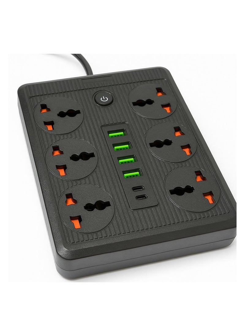 Generic - 6-Socket Power Extension Board with 4 USB Ports & 2 PD Fast Charging | Universal Plug | 2M Cable | Surge Protected - Image 1