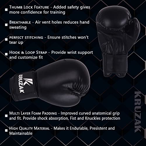 Kruzak Plain Boxing Gloves for Training, Sparring, Kickboxing, Muay Thai and Fighting - Black - 14oz - Image 3