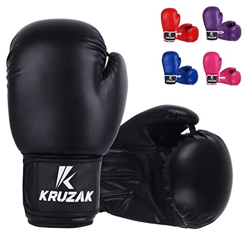 Kruzak Plain Boxing Gloves for Training, Sparring, Kickboxing, Muay Thai and Fighting - Black - 14oz - Image 1
