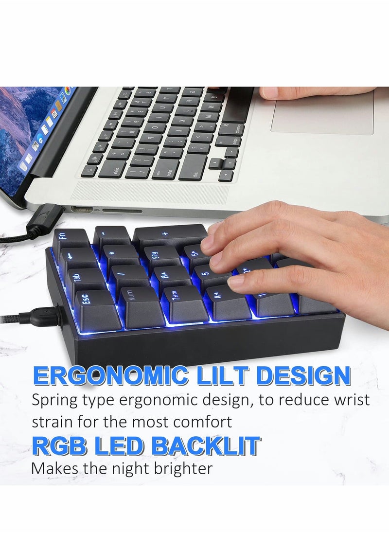 Generic - Number Pad, Mechanical USB Wired Numeric Keypad with Blue LED Backlit 21 Key Numpad for Laptop Desktop Computer PC Black (Blue switches) - Image 1