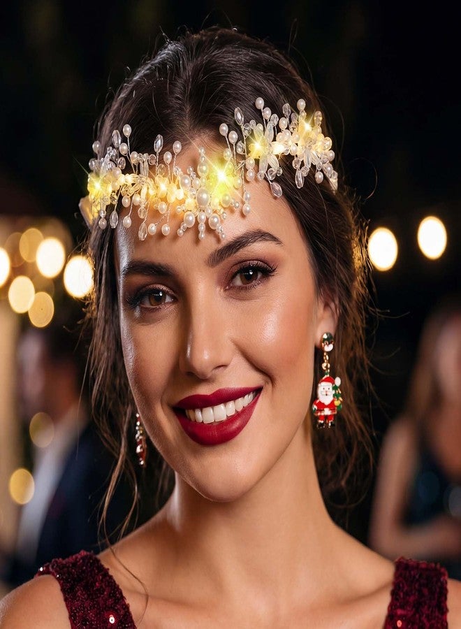 ووي تاج وطوق رأس مضيء من Woeoe، مصنوع من الفضة على شكل ندفة ثلجية، مزين باللؤلؤ المتوهج، للنساء - Image 2