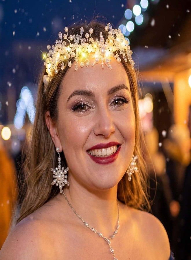 ووي تاج وطوق رأس مضيء من Woeoe، مصنوع من الفضة على شكل ندفة ثلجية، مزين باللؤلؤ المتوهج، للنساء - Image 4