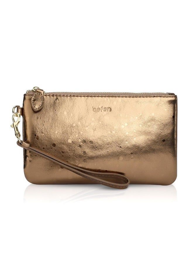 befen - Gold Wristlet Clutch Purses For Women Genuine Leather Chic Womens Wallet Evening Handbags With Cell Phone Pocket Metallic Bronze - Image 1