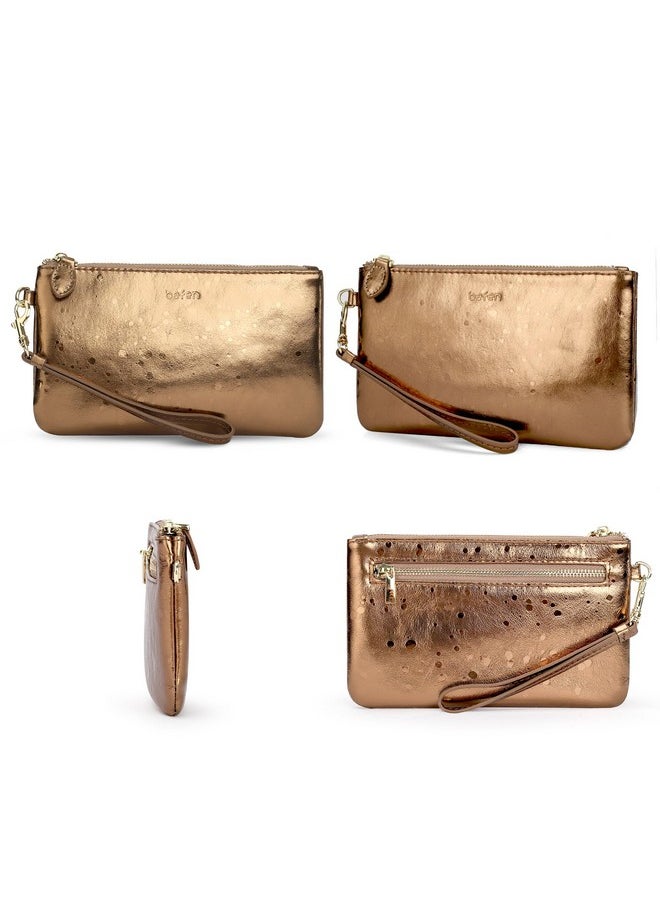 befen - Gold Wristlet Clutch Purses For Women Genuine Leather Chic Womens Wallet Evening Handbags With Cell Phone Pocket Metallic Bronze - Image 1