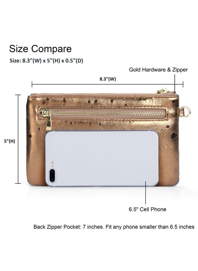 befen - Gold Wristlet Clutch Purses For Women Genuine Leather Chic Womens Wallet Evening Handbags With Cell Phone Pocket Metallic Bronze - Image 1