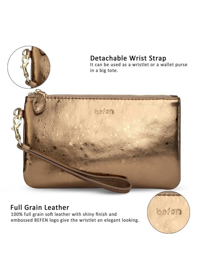 befen - Gold Wristlet Clutch Purses For Women Genuine Leather Chic Womens Wallet Evening Handbags With Cell Phone Pocket Metallic Bronze - Image 1