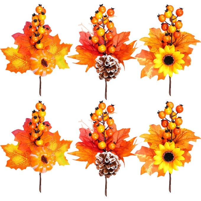 6 PACK ARTIFICIAL MAPLE LEAVES BRANCHES AUTUMN PUMPKIN BERRY TWIG STEM ORANGE FALL STEMS FAKE ARTIFICIAL FLOWER PICKS FOR THANKSGIVING CHRISTMAS HARVEST FESTIVAL DECORATION DIY FLORAL ARRANGEMENTS