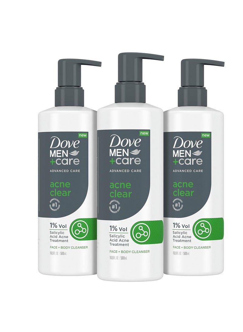 Dove DOVE MEN + CARE Advanced Care Cleanser Acne Clear 3 Count for Acne Prone Skin Face + Body Cleanser with 1% Salicylic Acid 16.9 oz - Image 1