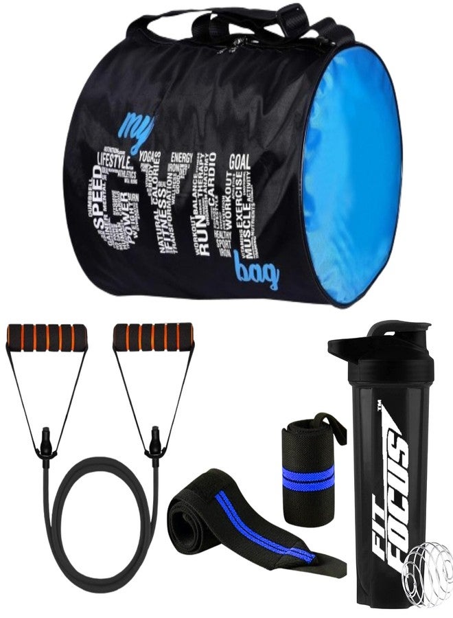 FIT FOCUS (Pack of 4) My Gym Bag Durable Bags Ultimate Combo with 700ml Shaker Bottle Double Toning Resistance Tube &Wrist Exercise Band for Stretching, Workout, Home (Blue) - Image 1