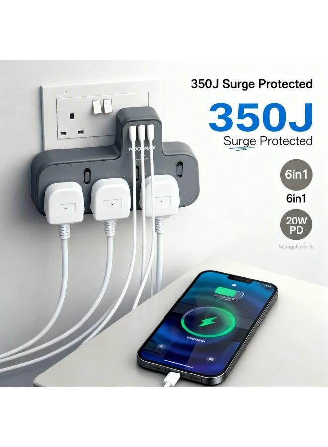 MOOG MAX 6-in-1 Power Extension Adapter with 20W PD USB-C, USB-A | 3 AC Outlets and Surge Protected Multi-Port Charger Hub - Image 4