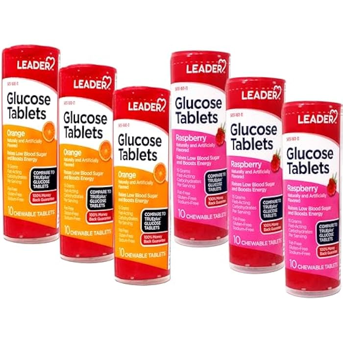 Leader Glucose Tablets, Fast Acting, On-The-Go, Raspberry and Orange Flavor, 6 x 10-Count Tubes - Image 1
