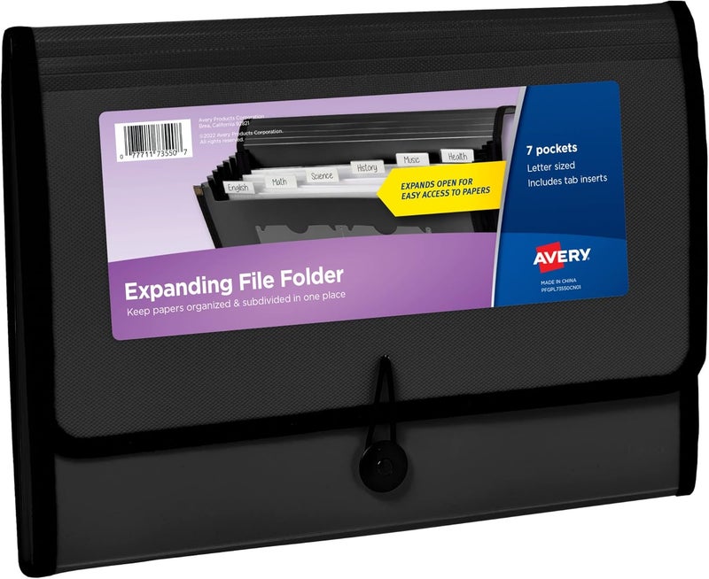 AVERY Extra part combo compatible Expanding File Folder Organizer, 7-Pocket Accordion File Organizer, Black, Holds 425 Letter/A4-Size Sheets (73550) Assorted color options - Image 1
