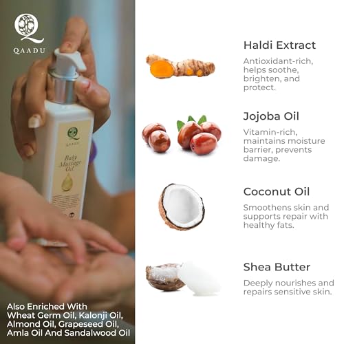 QAADU Soothing Baby Massage Oil 200ml Suitable from New Born to Teenagers | Massage Oil With Shea Butter, Turmeric, Grapeseed Oil | Soothing & Non-Sticky Oil for Nourishment | Mild Pleasant Fragrance - Image 3