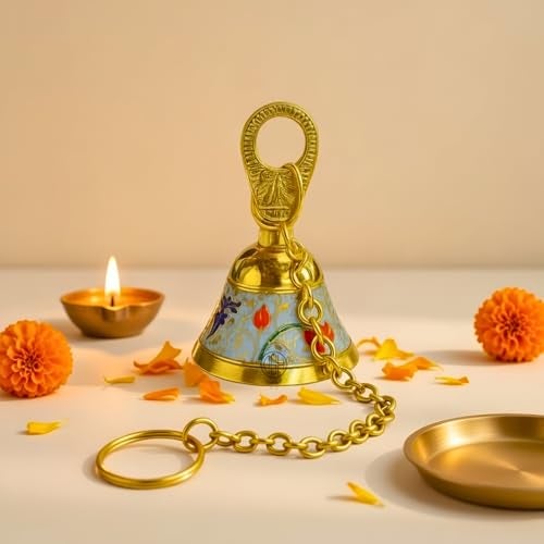 DSH Pure Brass Hanging Bell with Chain for Temple Mandir Door Home Decorative Ringing Bell (Sky Blue),Gold(HANGBL-02 -SKYB) - Image 2