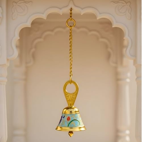 DSH Pure Brass Hanging Bell with Chain for Temple Mandir Door Home Decorative Ringing Bell (Sky Blue),Gold(HANGBL-02 -SKYB) - Image 1