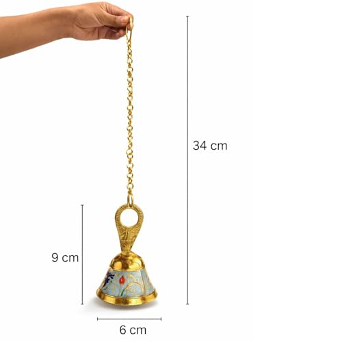 DSH Pure Brass Hanging Bell with Chain for Temple Mandir Door Home Decorative Ringing Bell (Sky Blue),Gold(HANGBL-02 -SKYB) - Image 3