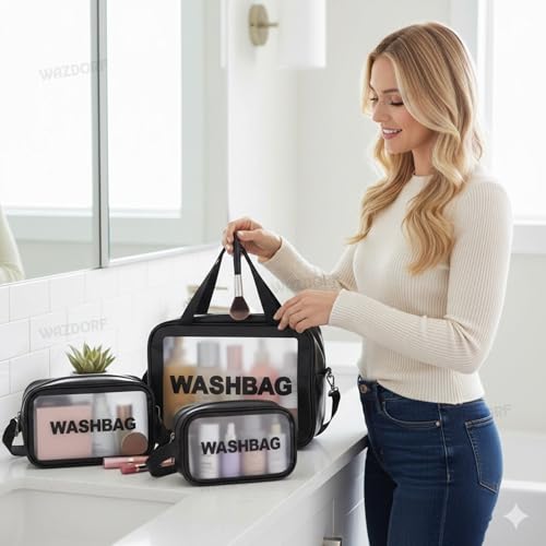 Wazdorf Cosmetic Pouch Bag – Large Waterproof Wash Bag with Handle, Translucent Cosmetic Organizer for Makeup, Brushes & Accessories – Unisex Storage Pouch for Travel & Bathroom Use (Black-3 Pcs) - Image 5