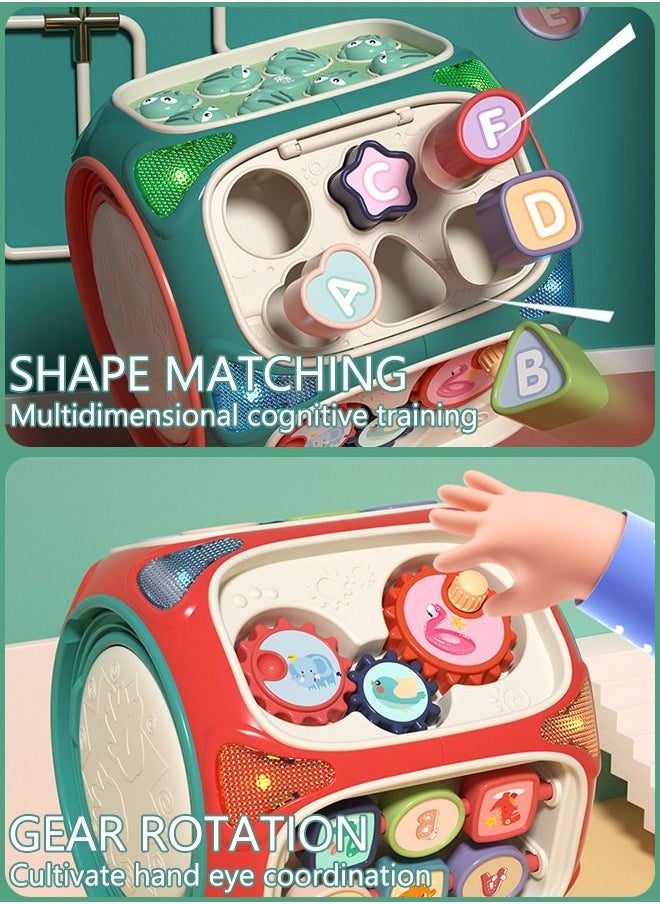 Multi-Function Activity Cube Toy for Baby 8-in-1 Hands Drum Shape Sorter Piano Kids Phone Toy with Light and Music Early Educational Activity Toy for Toddlers