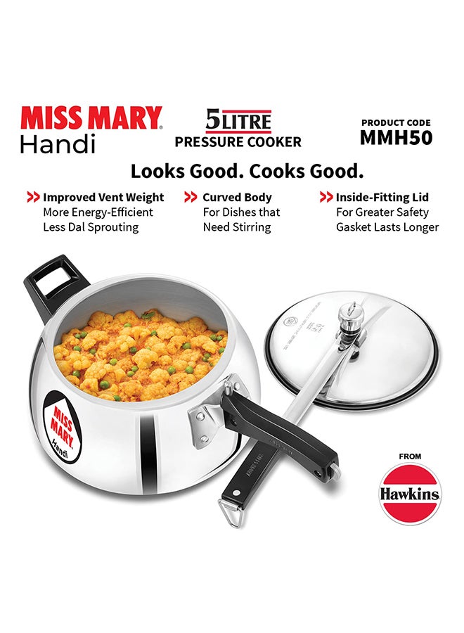 Hawkins 5Liters Miss Mary Handi Aluminium Pressure Cooker, Inner Lid Cooker, ‎Gas Stovetop Compatible (MMH50) Silver - Image 2