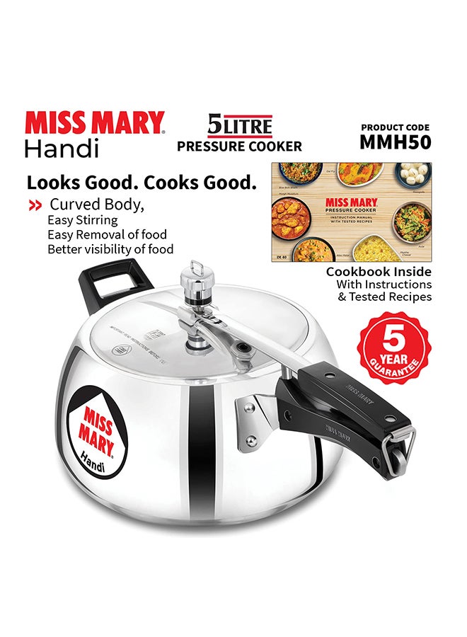 Hawkins 5Liters Miss Mary Handi Aluminium Pressure Cooker, Inner Lid Cooker, ‎Gas Stovetop Compatible (MMH50) Silver - Image 4