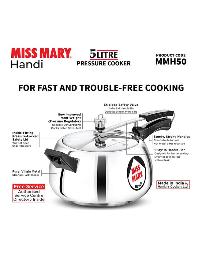 Hawkins 5Liters Miss Mary Handi Aluminium Pressure Cooker, Inner Lid Cooker, ‎Gas Stovetop Compatible (MMH50) Silver - Image 5