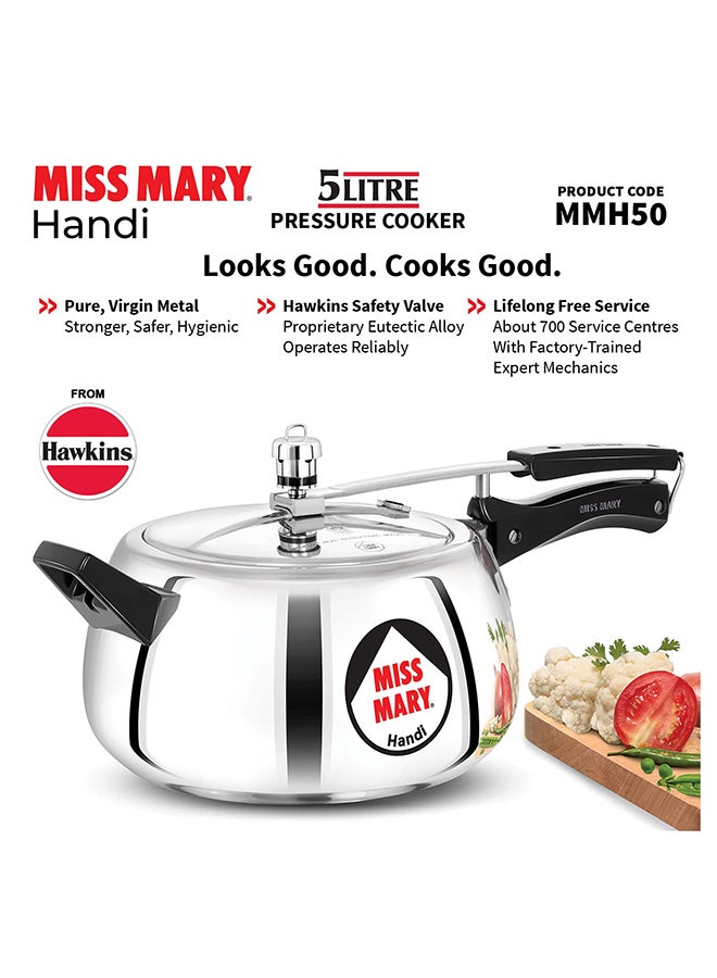 Hawkins 5Liters Miss Mary Handi Aluminium Pressure Cooker, Inner Lid Cooker, ‎Gas Stovetop Compatible (MMH50) Silver - Image 3