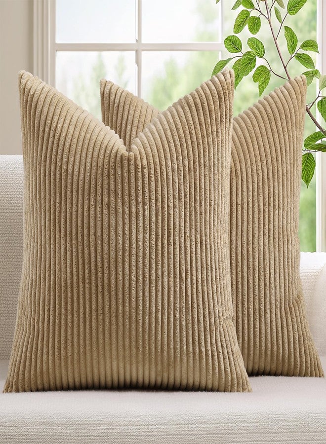 Mecatny Corduroy Decorative Throw Pillow Covers 18x18 Set of 2 for Sofa Living Room, Soft Neutral Boho Couch Pillow Covers for Home Decor, Khaki - Image 1