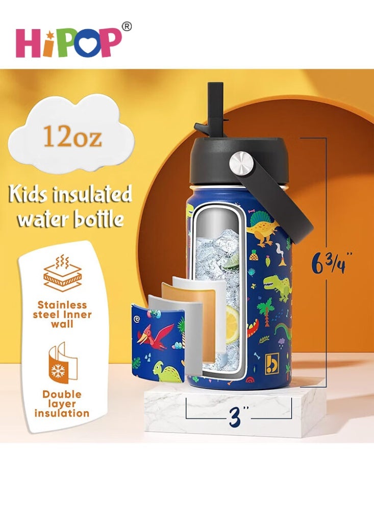 HIPOP Kids Water Bottle 360ml Stainless Steel Hydro Flask Double Wall Insulated Thermos Bottle with Straw Lid BPA Free Cup Hot Cold Sports Toddler School Boys Girls  (DINOSAUR, 360ML) - Image 2