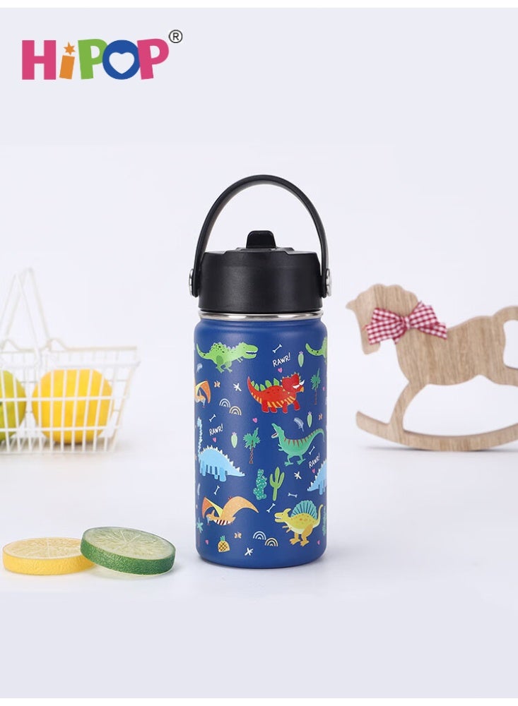 HIPOP Kids Water Bottle 360ml Stainless Steel Hydro Flask Double Wall Insulated Thermos Bottle with Straw Lid BPA Free Cup Hot Cold Sports Toddler School Boys Girls  (DINOSAUR, 360ML) - Image 1