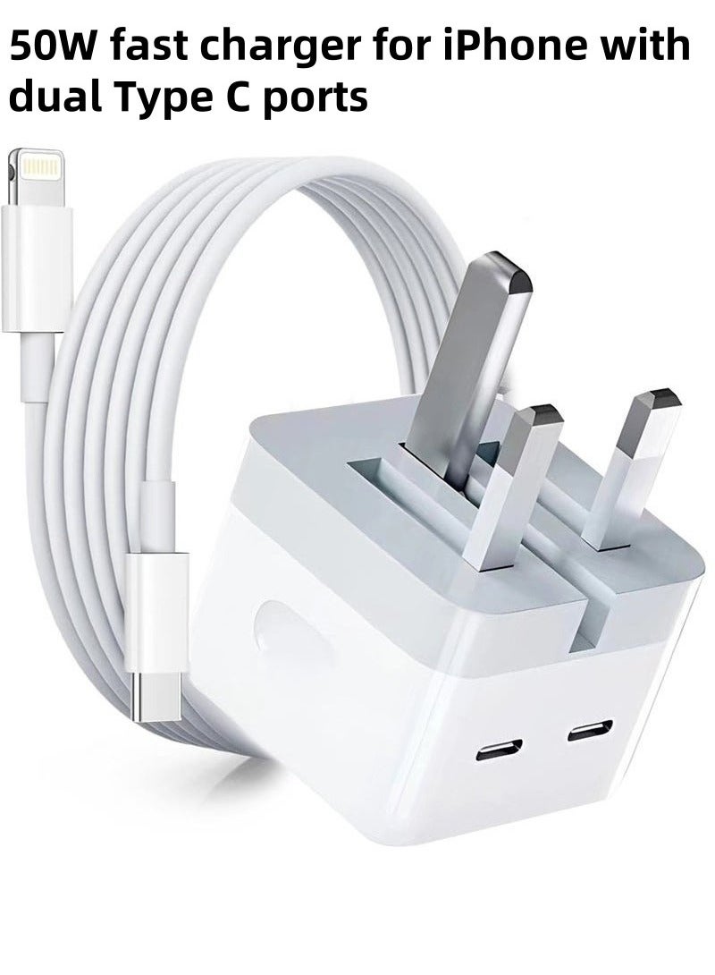 بيوينتي 50W شاحن اي فون المزدوج جيم ميناء ، مع 1M سريع البرق كابل شحن سريع USB التوصيل ، متوافق مع اي فون الجديد 14 / 14pro / 14pro ماكس / 14 زائد / 13pro ماكس / 13 برو / 13 / 12 / 11 / XS باد ميني 6 / باد - Image 1