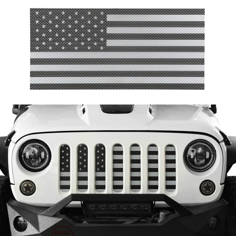Hooke Road Wrangler Grill Insert US Flag Front Mesh Grille Screen Bug Deflector for 2007-2018 Jeep Wrangler JK & Unlimited (Black & White Old Glory)