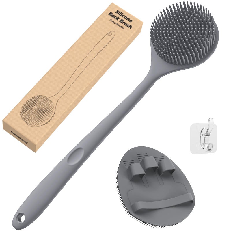 Manmihealth Silicone Back ScrubberThin Bristles Soft Bath Glove Set SuperCleaning Body Scrubber SuperLathering Shower Brush Combination with a Free Hook Gray