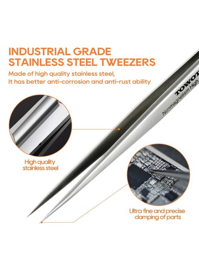 TOWOT Precision Tweezers, Stainless Steel Pointed Tweezers for Craft, Electronics, Soldering, Experimental Work, Jewelry-Making, Non-Magnetic Industrial Tweezers - Image 2