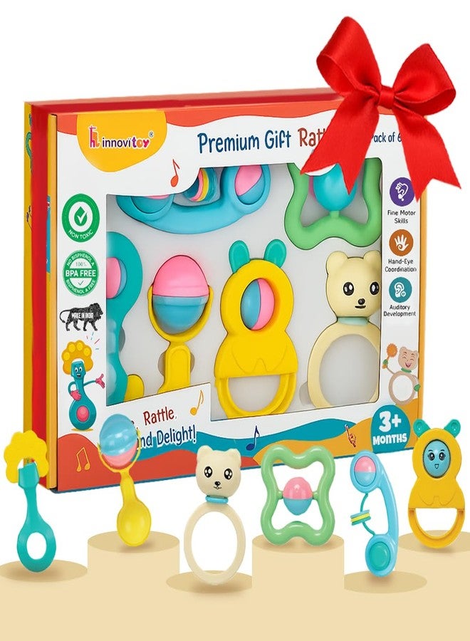Innovitoy 6 Pcs Premium Baby Rattle Gift Set & Teether Set | Safe, Non-Toxic Toys for Newborns 3+Months | Colorful Soft Sound Rattles | Ideal for Baby Gift - Image 1