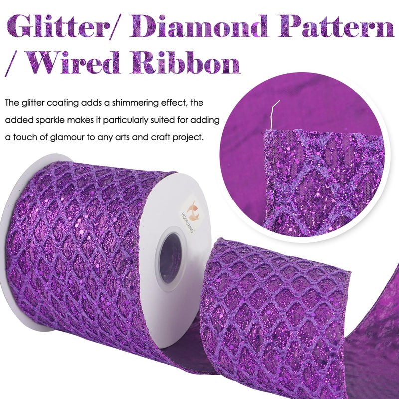 HUIHUANG Purple Wired Christmas Ribbon 4 inch Purple Glitter Wired Ribbon Diamond Mesh Wire Ribbon for X-mas Tree Decorations, Wreaths, Garland, Large Bows Making, Home Decor -10 Yards - Image 2