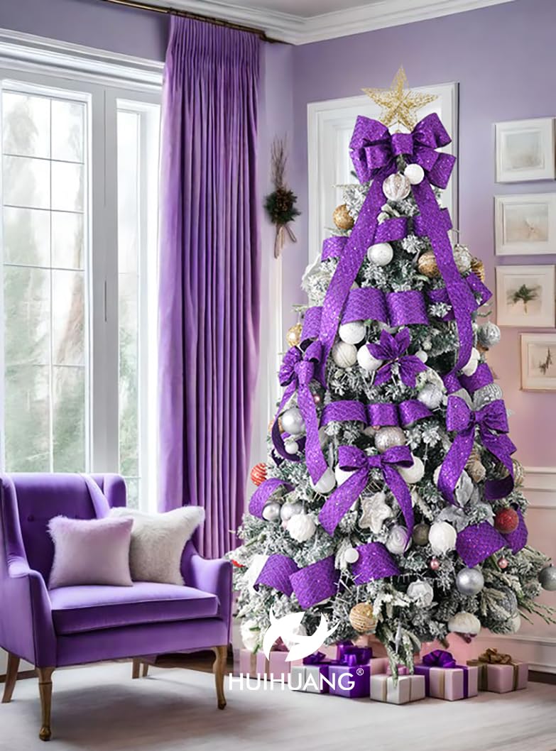 HUIHUANG Purple Wired Christmas Ribbon 4 inch Purple Glitter Wired Ribbon Diamond Mesh Wire Ribbon for X-mas Tree Decorations, Wreaths, Garland, Large Bows Making, Home Decor -10 Yards - Image 5