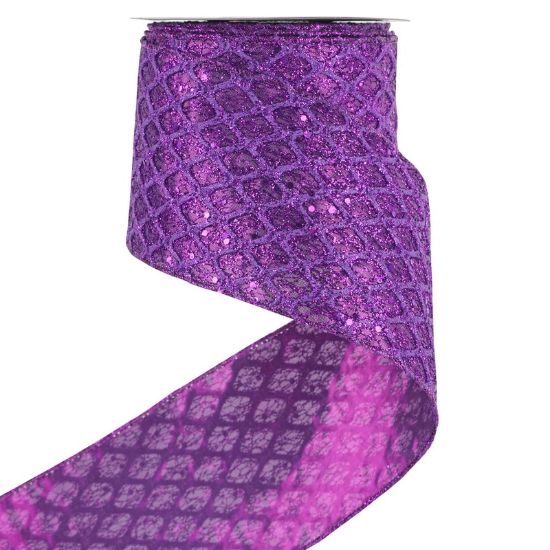 HUIHUANG Purple Wired Christmas Ribbon 4 inch Purple Glitter Wired Ribbon Diamond Mesh Wire Ribbon for X-mas Tree Decorations, Wreaths, Garland, Large Bows Making, Home Decor -10 Yards - Image 1