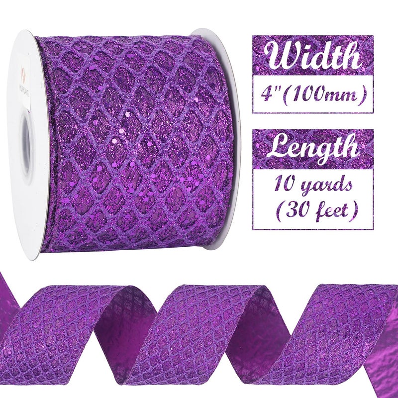 HUIHUANG Purple Wired Christmas Ribbon 4 inch Purple Glitter Wired Ribbon Diamond Mesh Wire Ribbon for X-mas Tree Decorations, Wreaths, Garland, Large Bows Making, Home Decor -10 Yards - Image 3