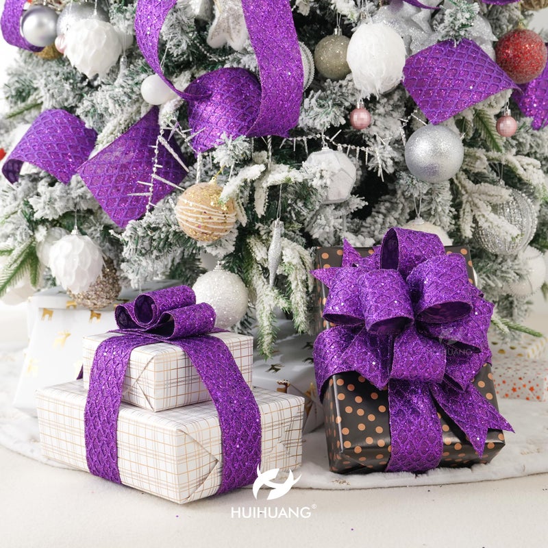 HUIHUANG Purple Wired Christmas Ribbon 4 inch Purple Glitter Wired Ribbon Diamond Mesh Wire Ribbon for X-mas Tree Decorations, Wreaths, Garland, Large Bows Making, Home Decor -10 Yards - Image 4