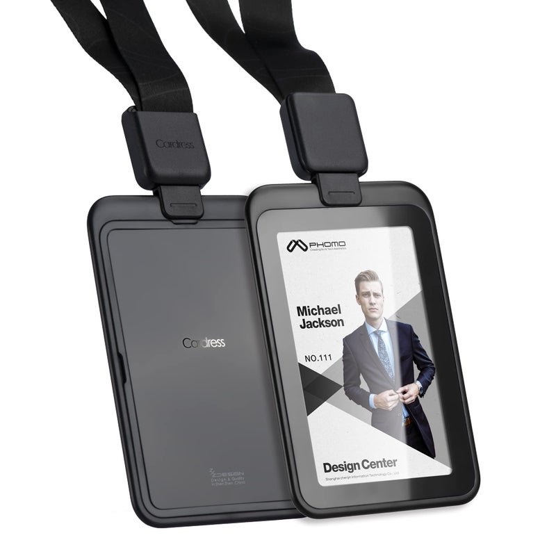 Phomo Self Retractable ID Badge Holders with Carabiner Reel Clip and Badge Lanyard, Heavy-Duty ID Card Holder for Neck, Vertical Style Transparent Hard Accessories Clear, (Holds 1to 2 Cards) (Black) - Image 1