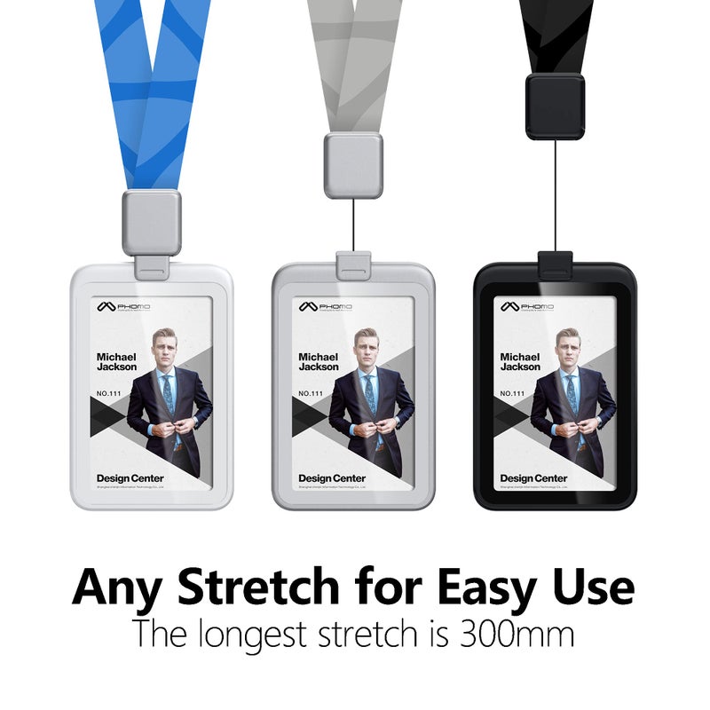 Phomo Self Retractable ID Badge Holders with Carabiner Reel Clip and Badge Lanyard, Heavy-Duty ID Card Holder for Neck, Vertical Style Transparent Hard Accessories Clear, (Holds 1to 2 Cards) (Black) - Image 4