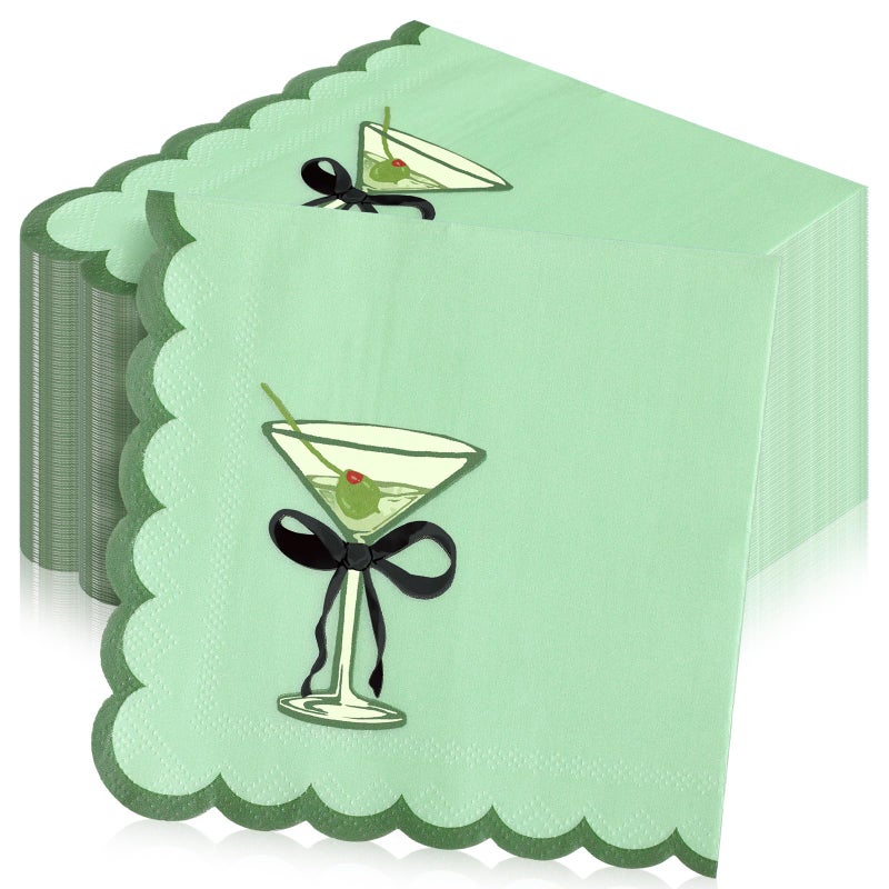 Dunzoom 100 Pcs Martini Cocktail Napkins a Tini Bit Older Birthday Decorations Scalloped Disposable Paper Napkins Espresso Martini Party Supplies for Bachelorette Party Decorations(Elegant,Green) - Image 1