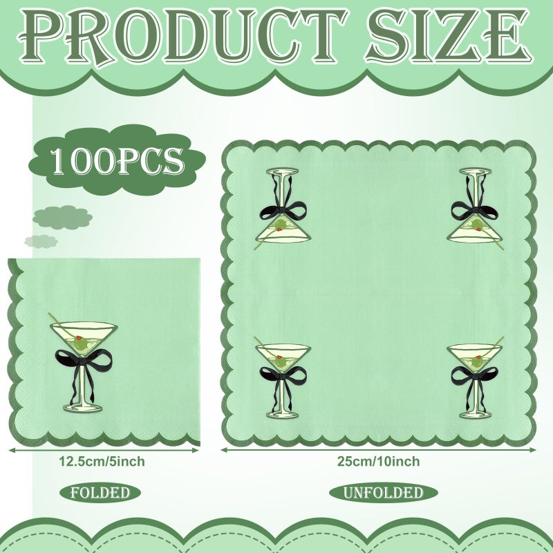 Dunzoom 100 Pcs Martini Cocktail Napkins a Tini Bit Older Birthday Decorations Scalloped Disposable Paper Napkins Espresso Martini Party Supplies for Bachelorette Party Decorations(Elegant,Green) - Image 2
