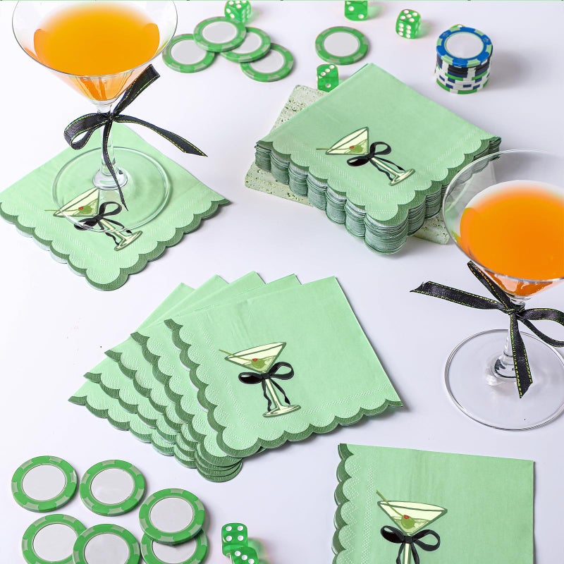 Dunzoom 100 Pcs Martini Cocktail Napkins a Tini Bit Older Birthday Decorations Scalloped Disposable Paper Napkins Espresso Martini Party Supplies for Bachelorette Party Decorations(Elegant,Green) - Image 3