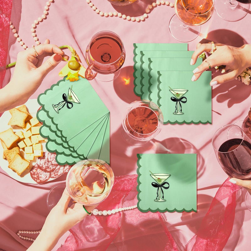 Dunzoom 100 Pcs Martini Cocktail Napkins a Tini Bit Older Birthday Decorations Scalloped Disposable Paper Napkins Espresso Martini Party Supplies for Bachelorette Party Decorations(Elegant,Green) - Image 4