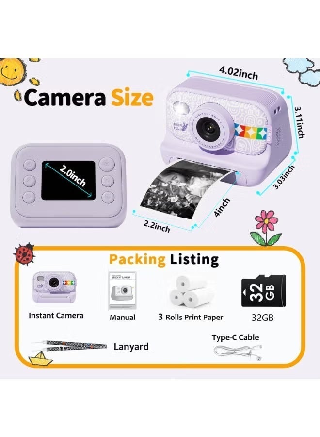 Lecran Instant Print Camera for Kids, 48MP Photos 1080P Digital Video Camera, 32GB Card Purple - Image 3