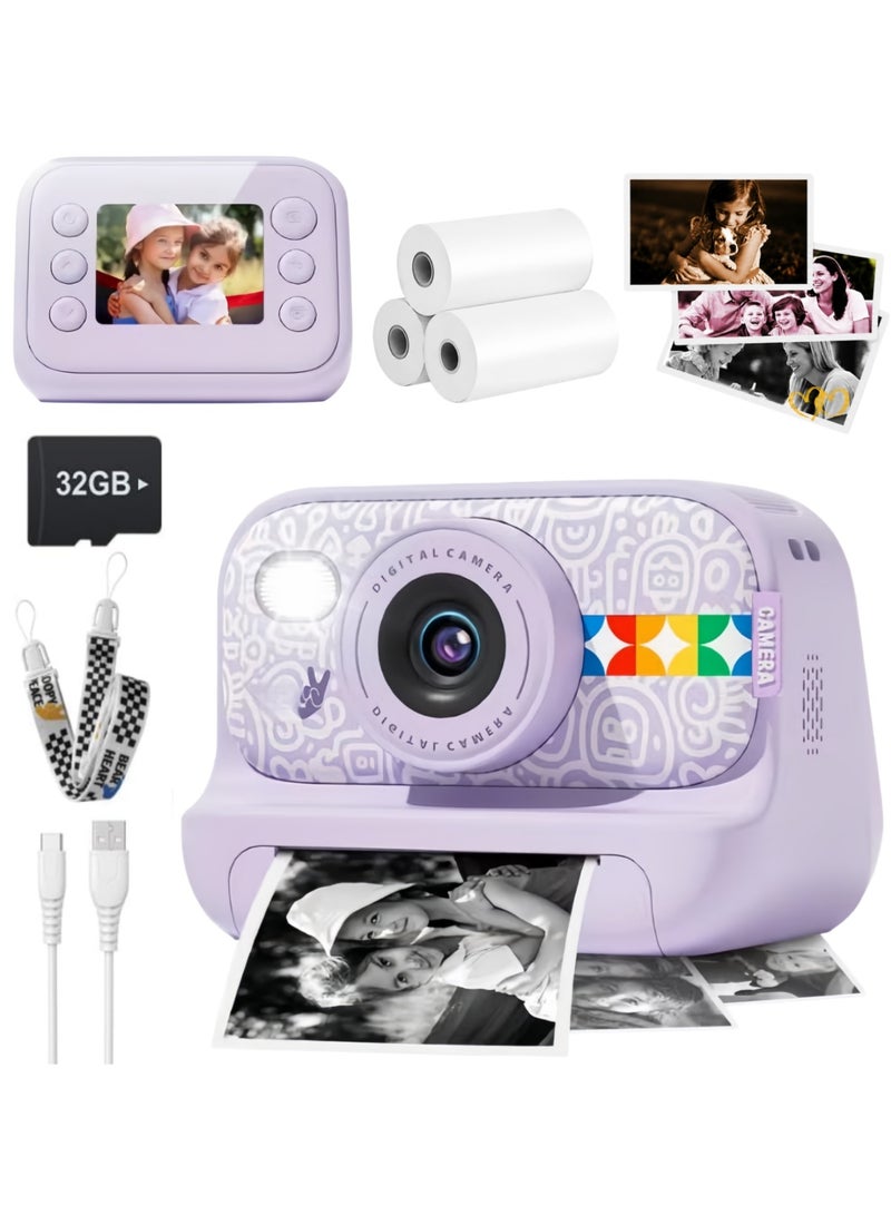 Lecran Instant Print Camera for Kids, 48MP Photos 1080P Digital Video Camera, 32GB Card Purple - Image 1