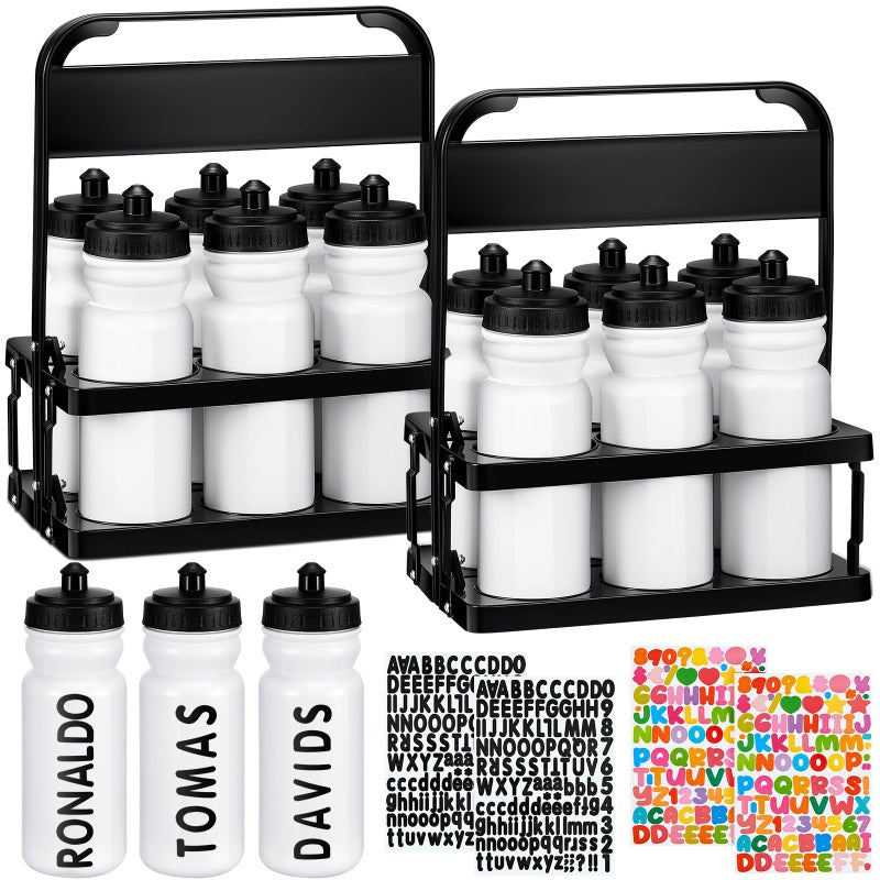 Suclain 14 Pcs Water Bottle Carrier with 20 Oz Bottles and Stickers Plastic Wide Mouth Sports Water Bottle Squeeze Team Bottles with Black Lid for Fitness Bike Gym (White) - Image 1