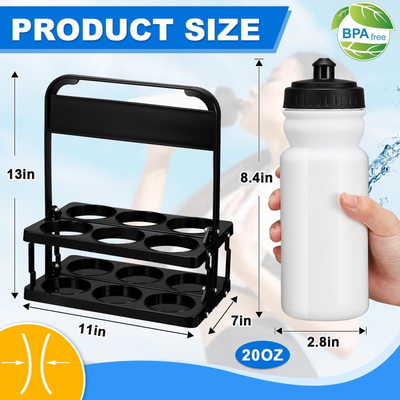 Suclain 14 Pcs Water Bottle Carrier with 20 Oz Bottles and Stickers Plastic Wide Mouth Sports Water Bottle Squeeze Team Bottles with Black Lid for Fitness Bike Gym (White) - Image 2